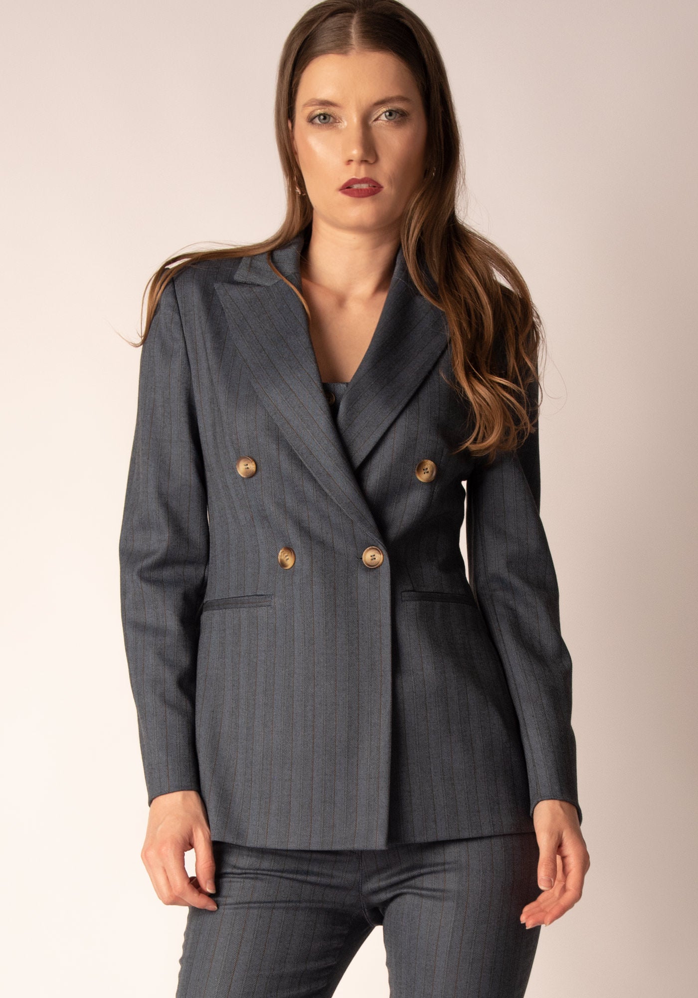 Women's Tailored Double breasted Blazer in Navy Herringbone