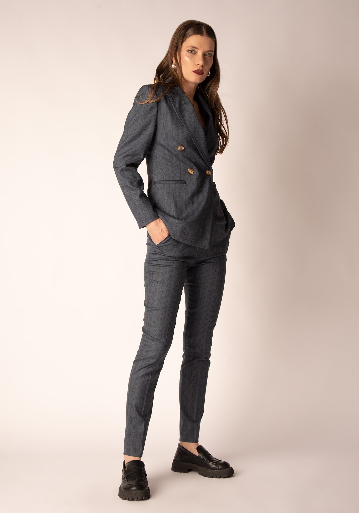 Women's Tailored Double breasted Blazer in Navy Herringbone