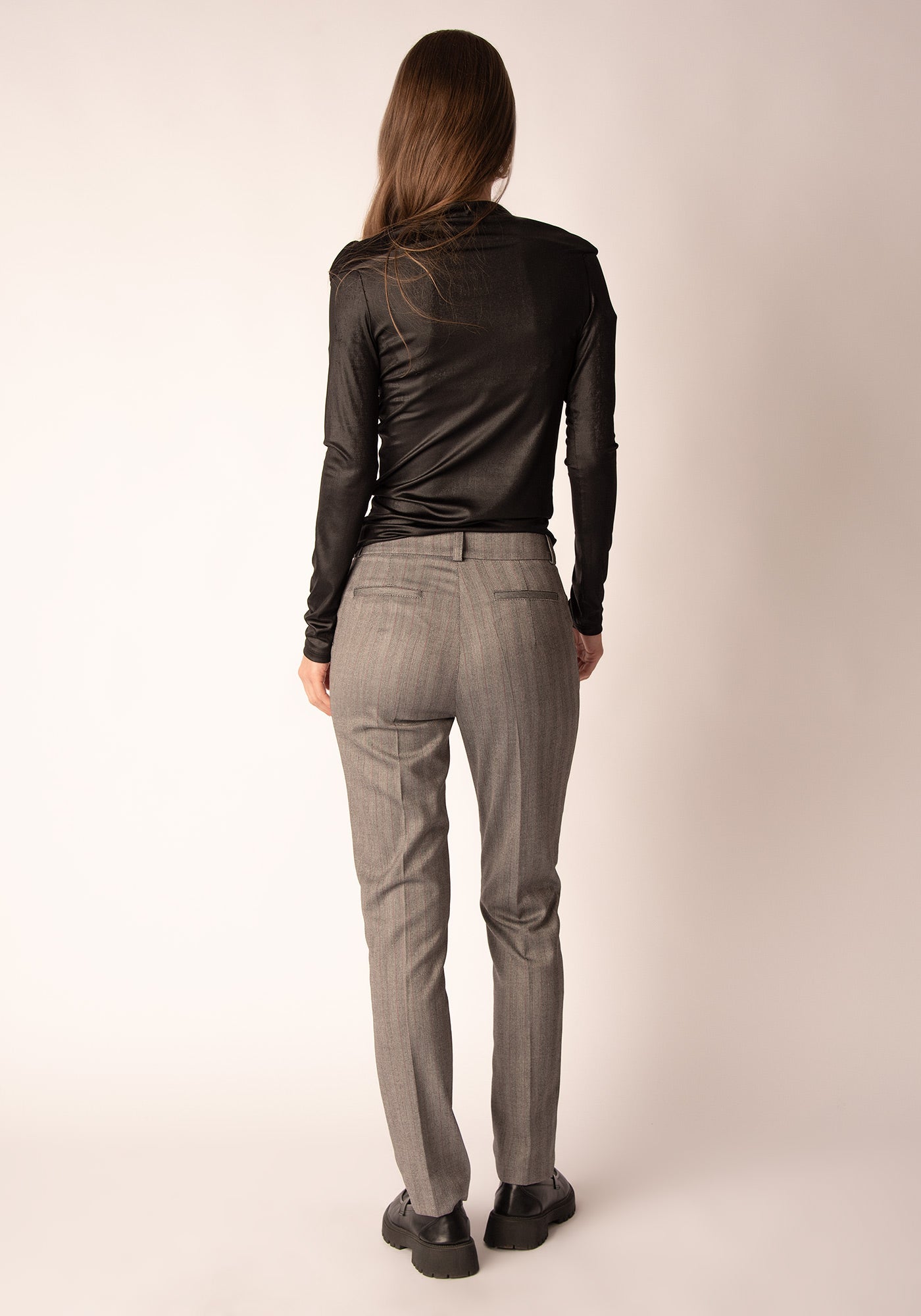 Women's High Waisted Slim Trousers in Grey Herringbone