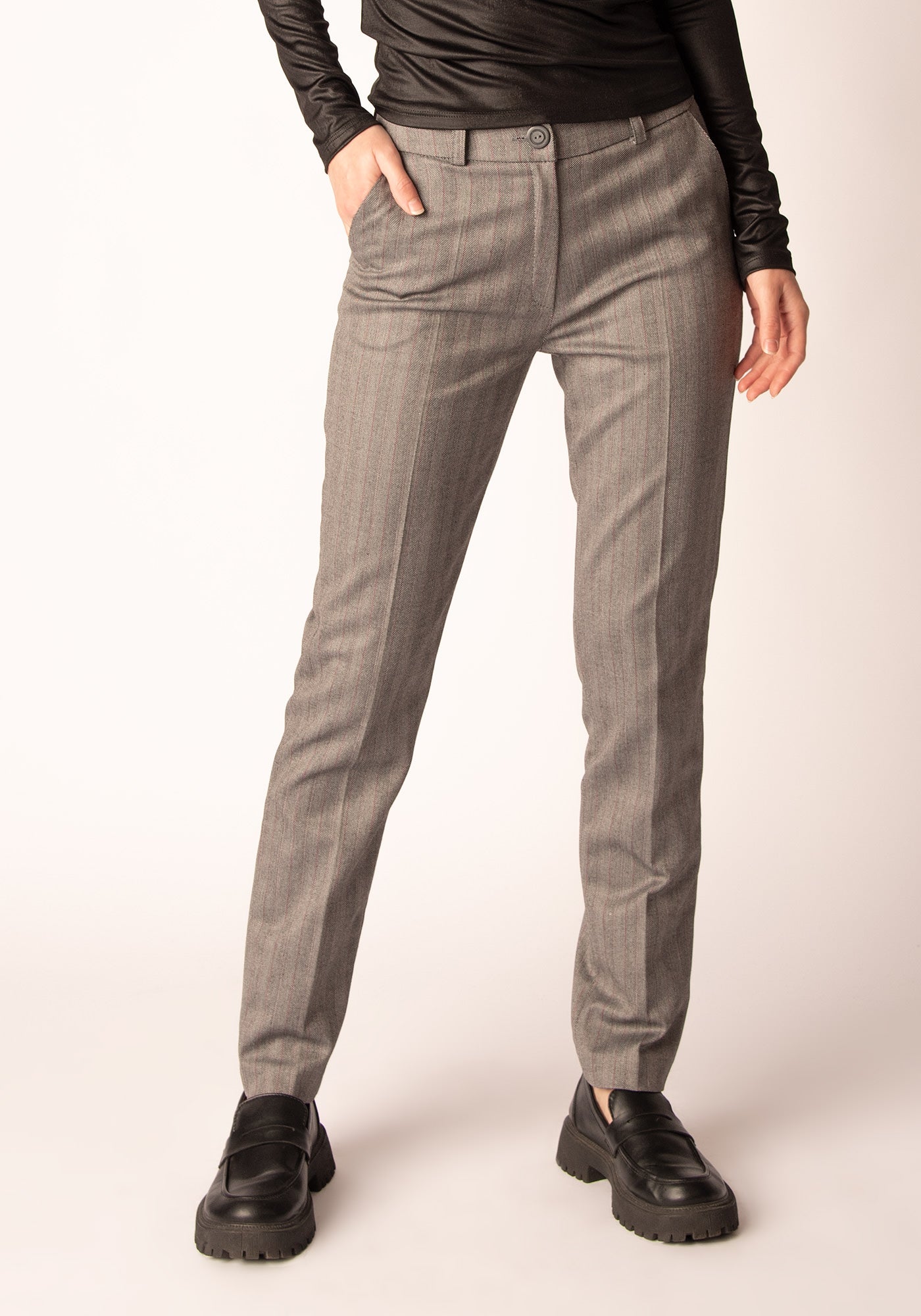 Women's High Waisted Slim Trousers in Grey Herringbone