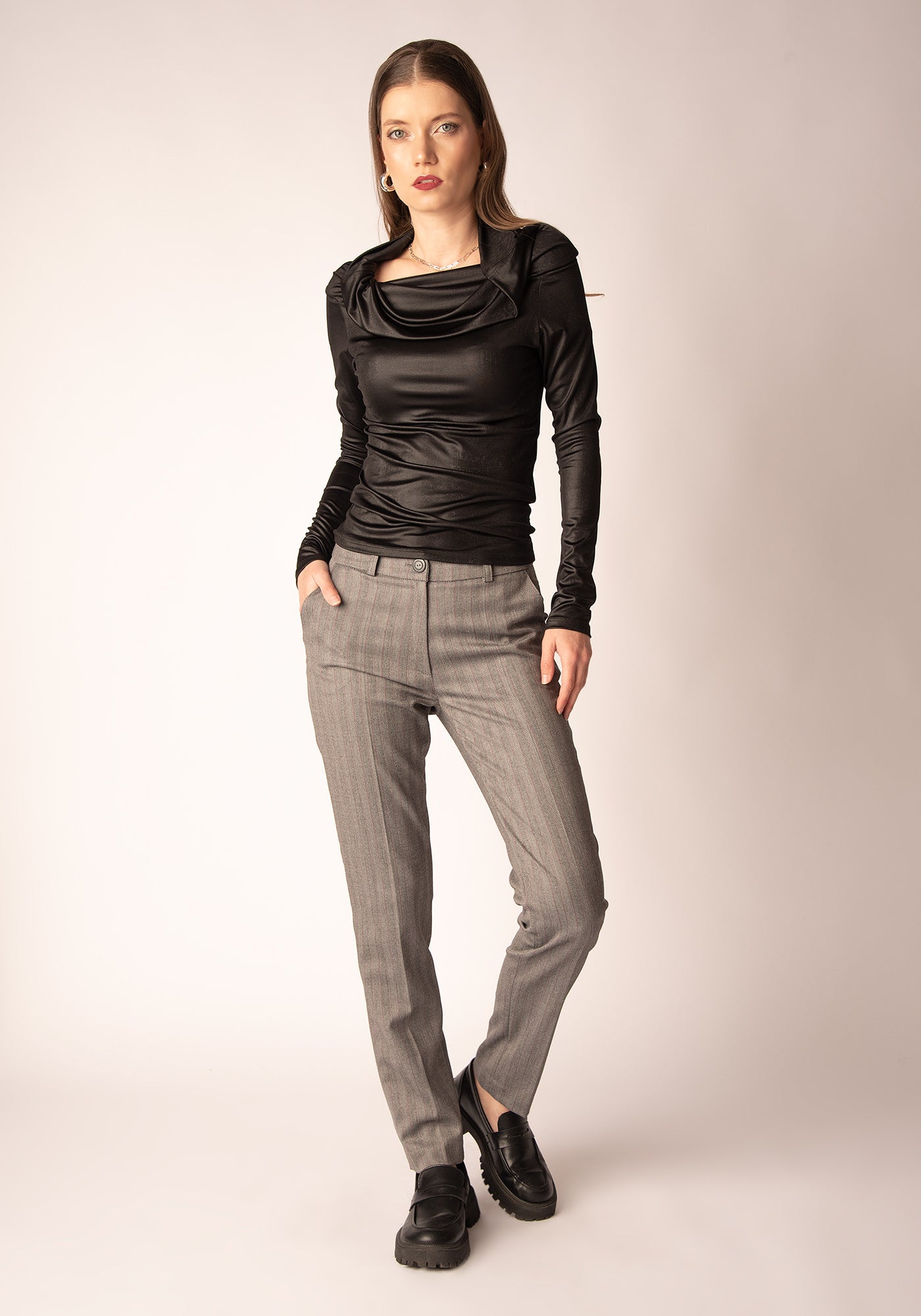 Women's High Waisted Slim Trousers in Grey Herringbone