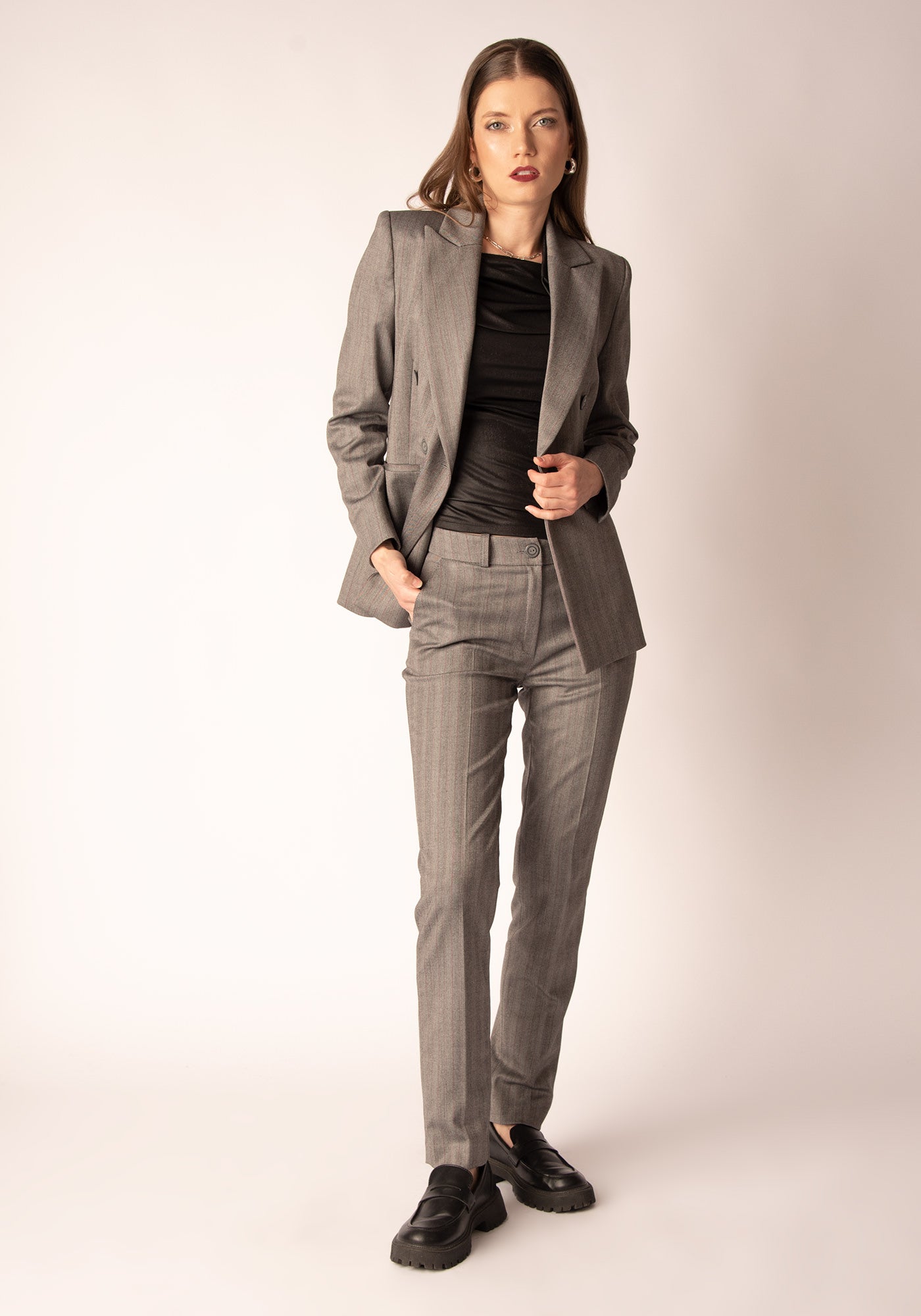 Women's High Waisted Slim Trousers in Grey Herringbone