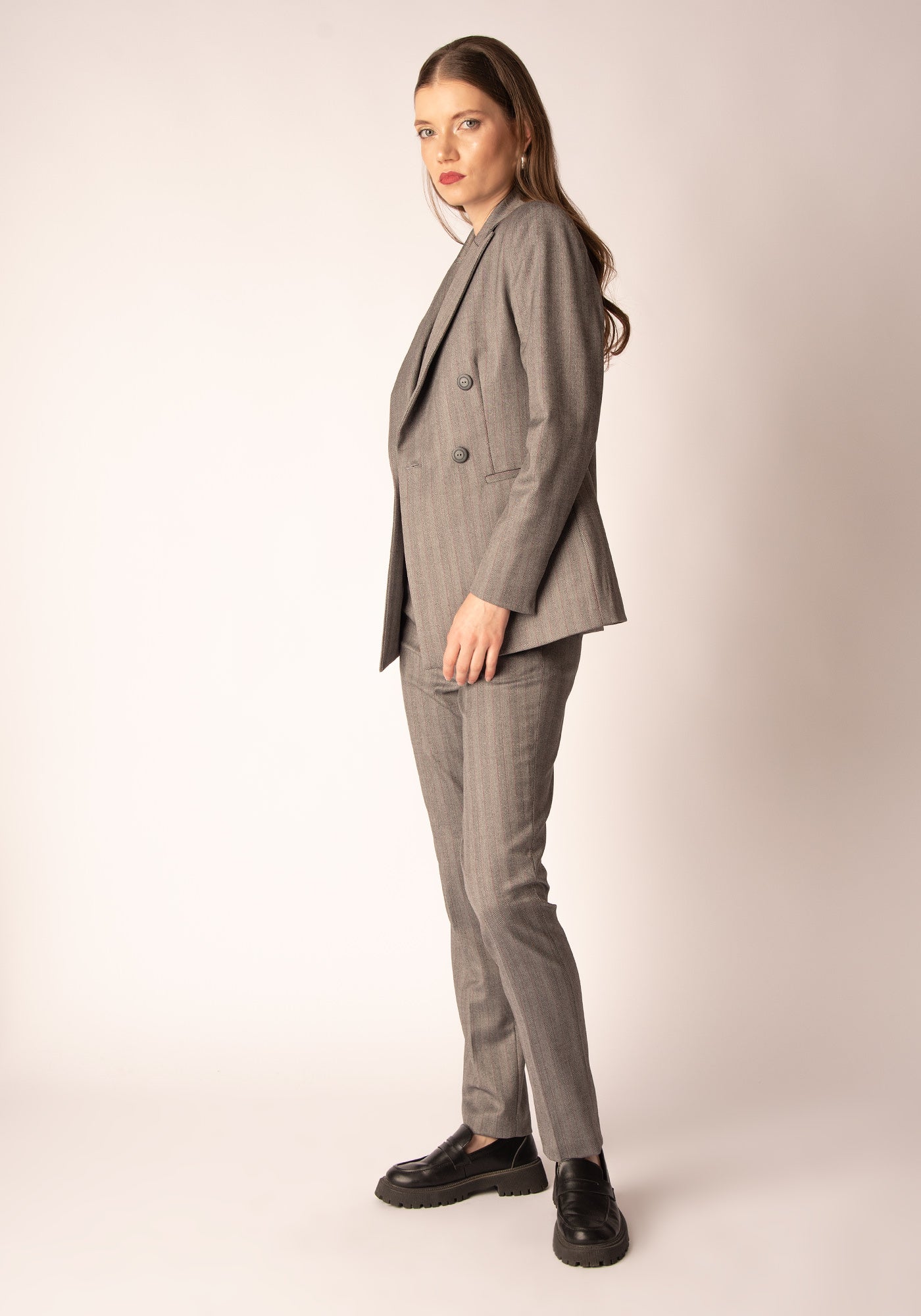 Women's High Waisted Slim Trousers in Grey Herringbone