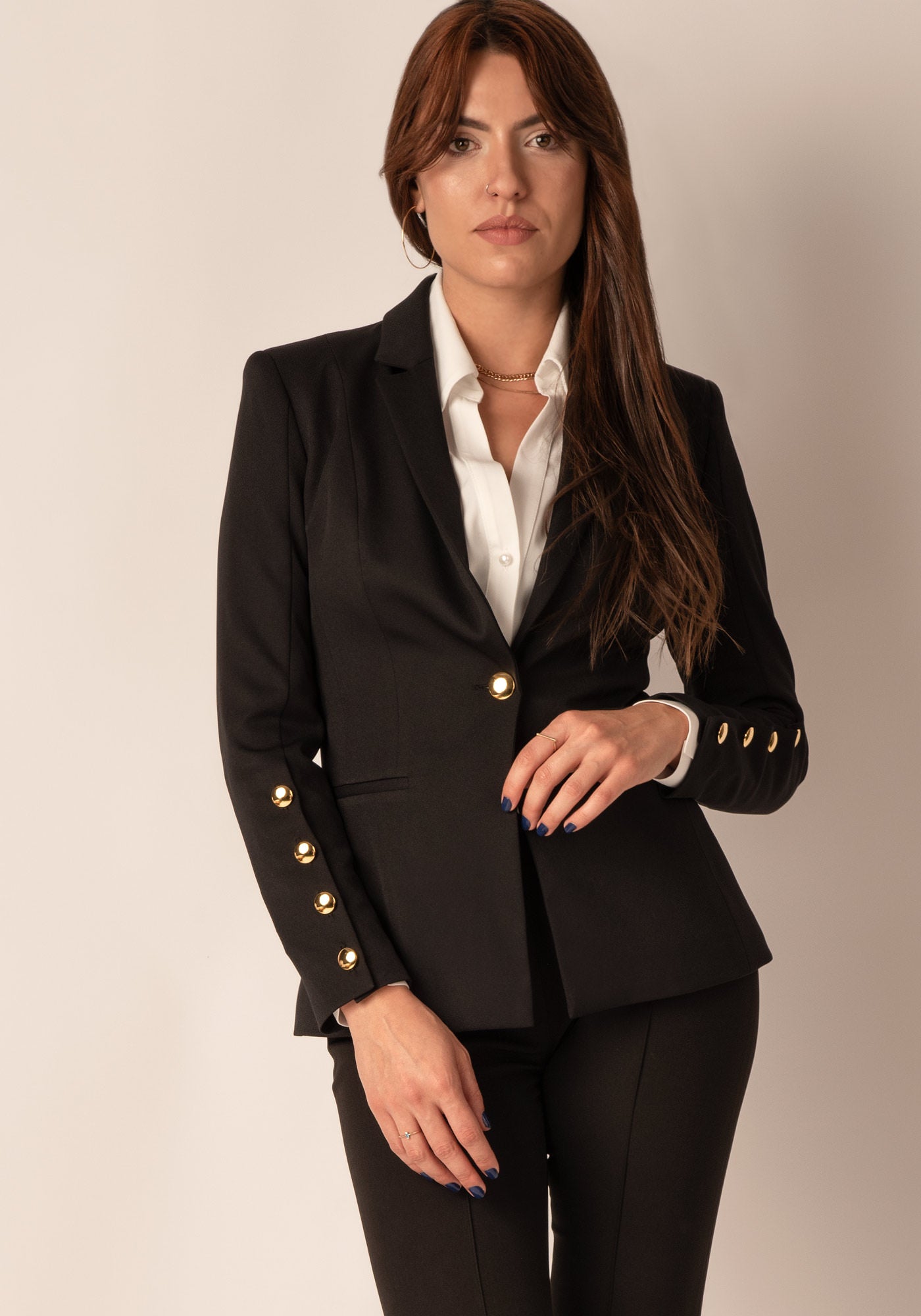 Women s Tailored Single breasted Blazer with Gold buttons in Black