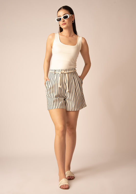 Women's Pleated High Waist Linen Shorts in Oat/Navy stripe