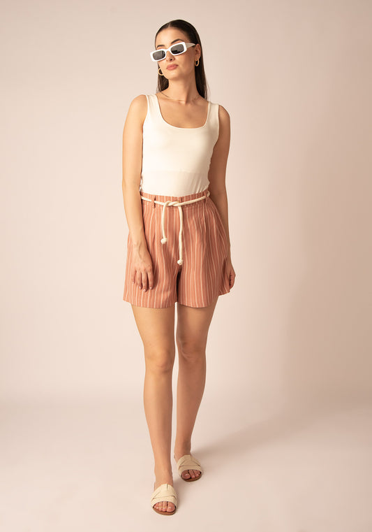 Women's Pleated High Waist Linen Shorts in Pink stripe