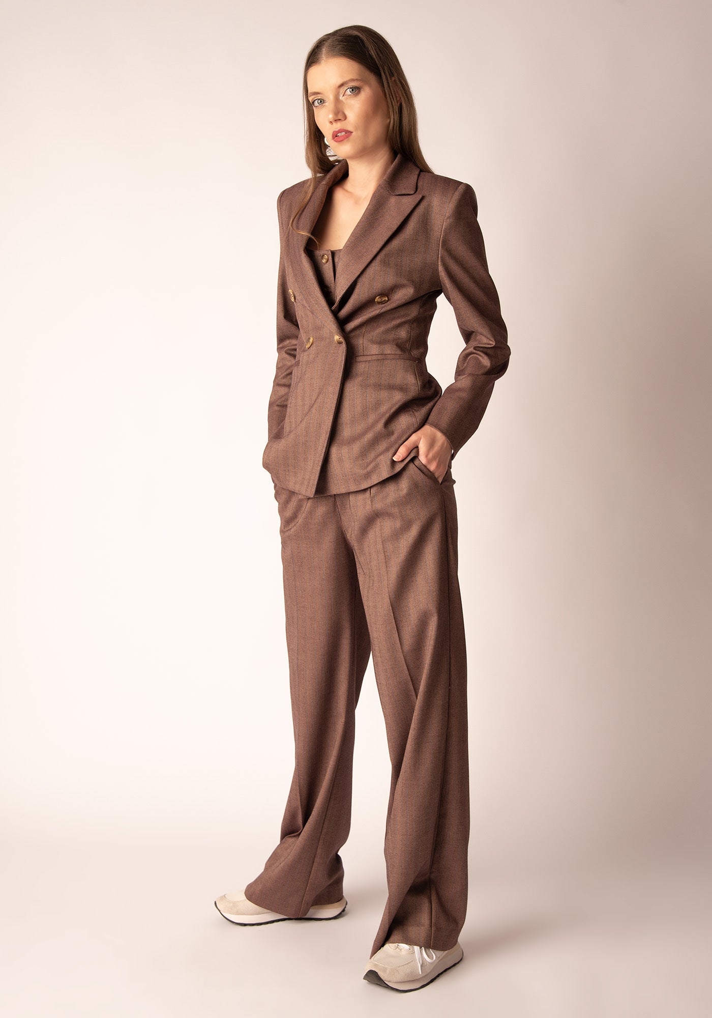 Women's Wide Leg Trousers in Wine Herringbone