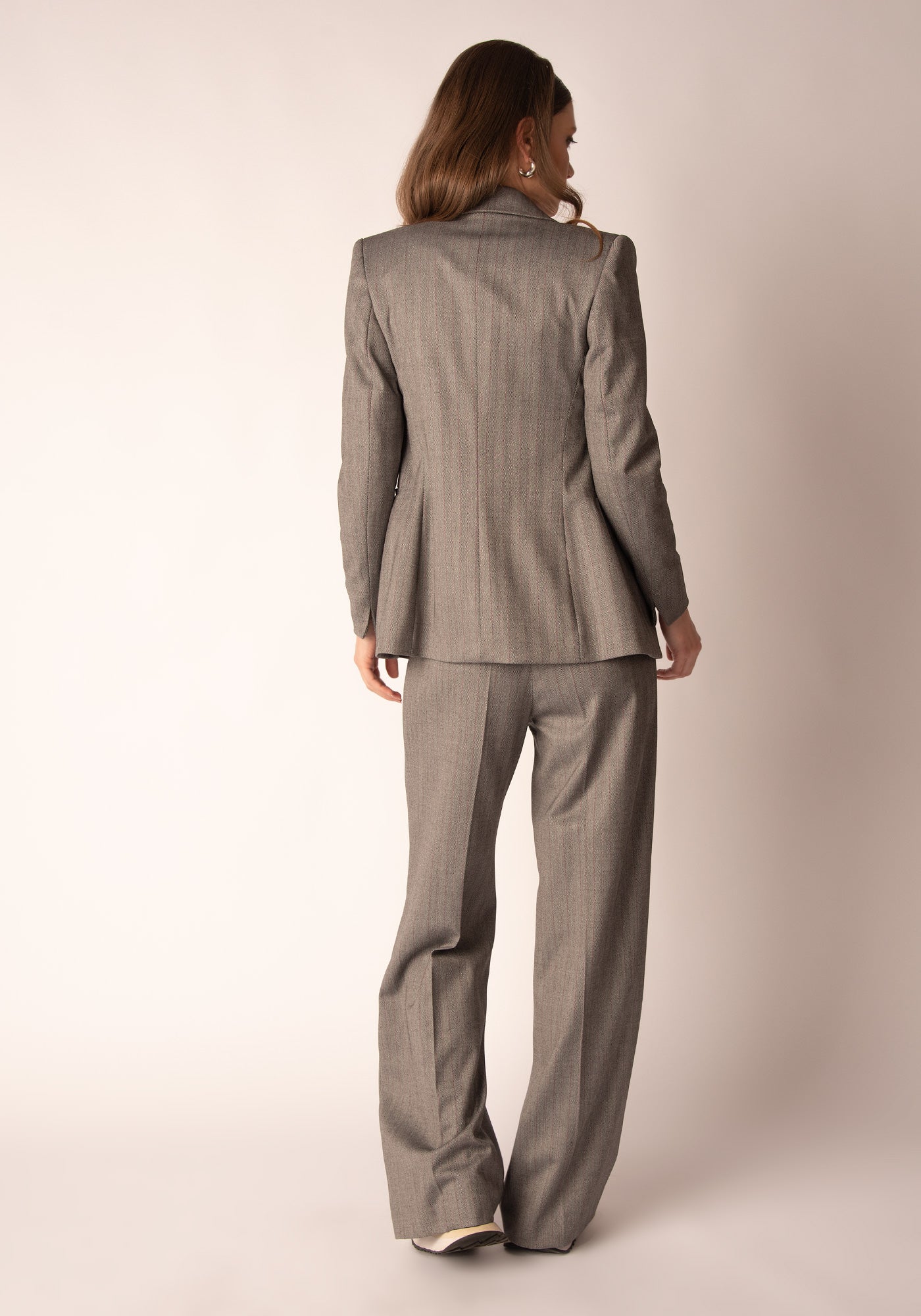 Women's Wide Leg Trousers in Grey Herringbone