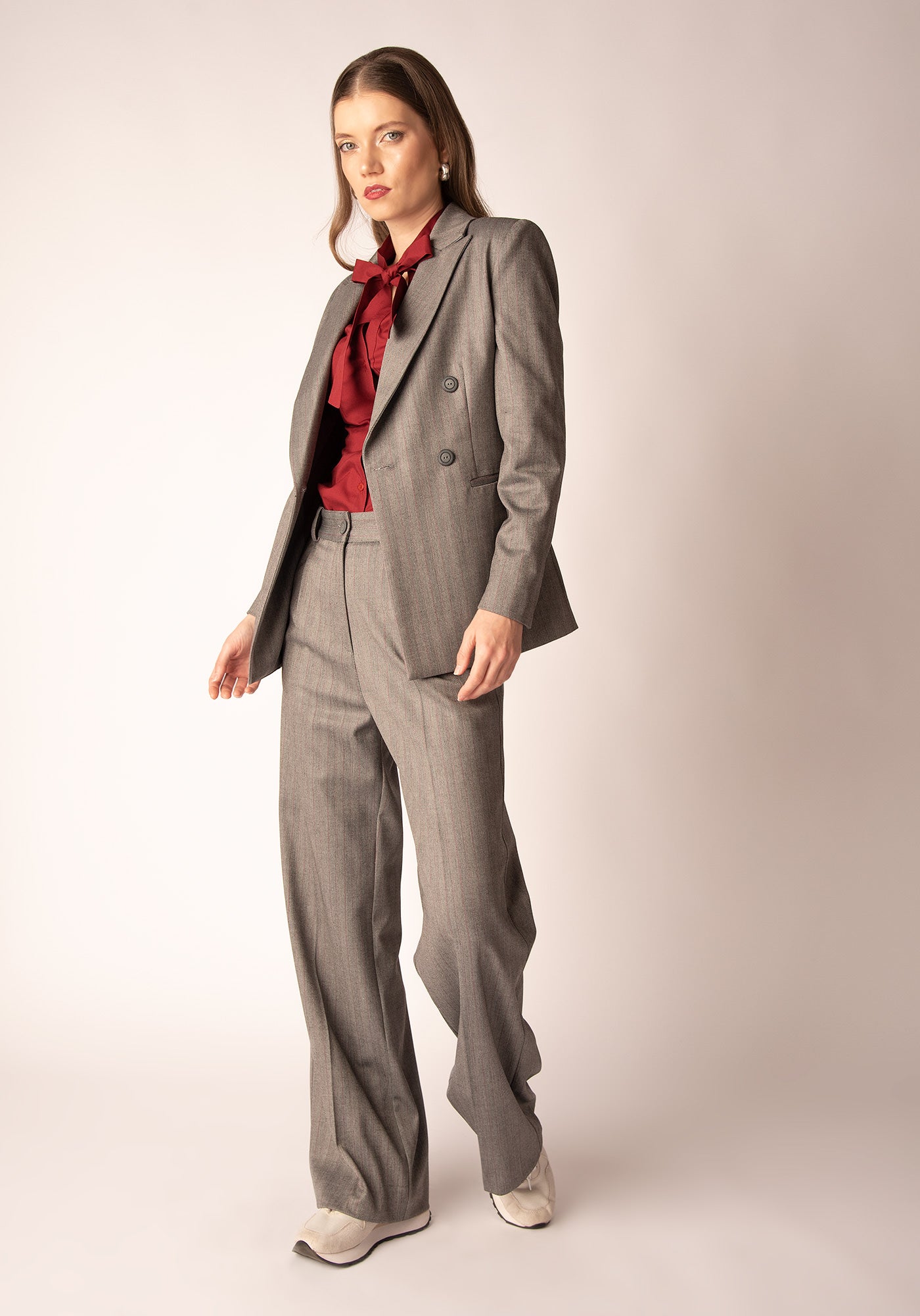 Women's Wide Leg Trousers in Grey Herringbone