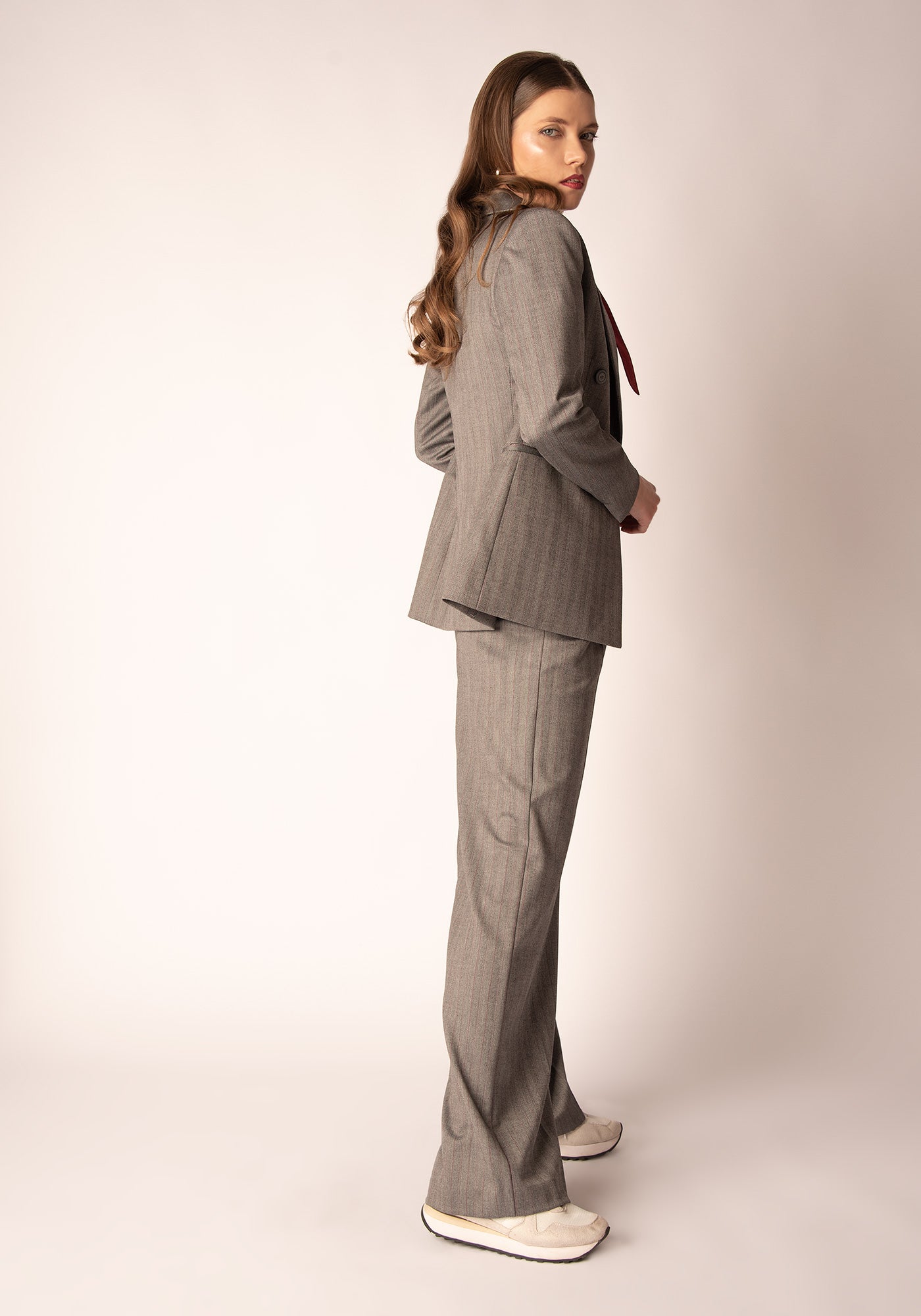 Women's Wide Leg Trousers in Grey Herringbone