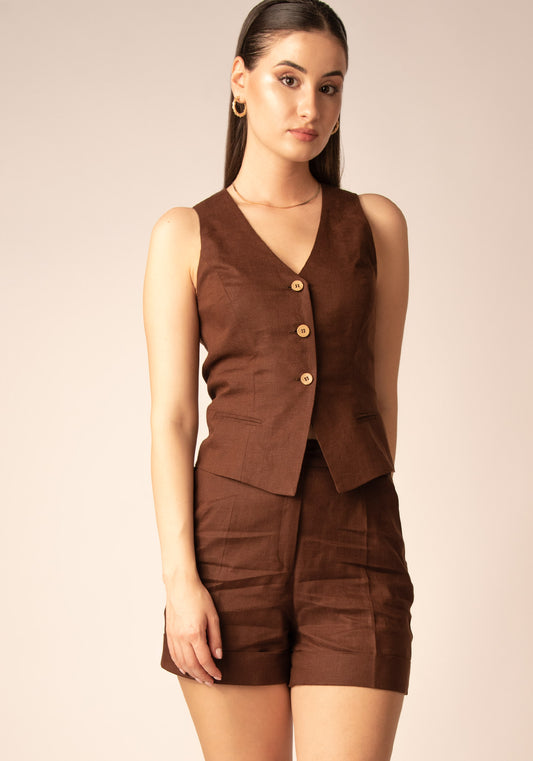Single breasted Tailored Women's Linen Vest in Brown
