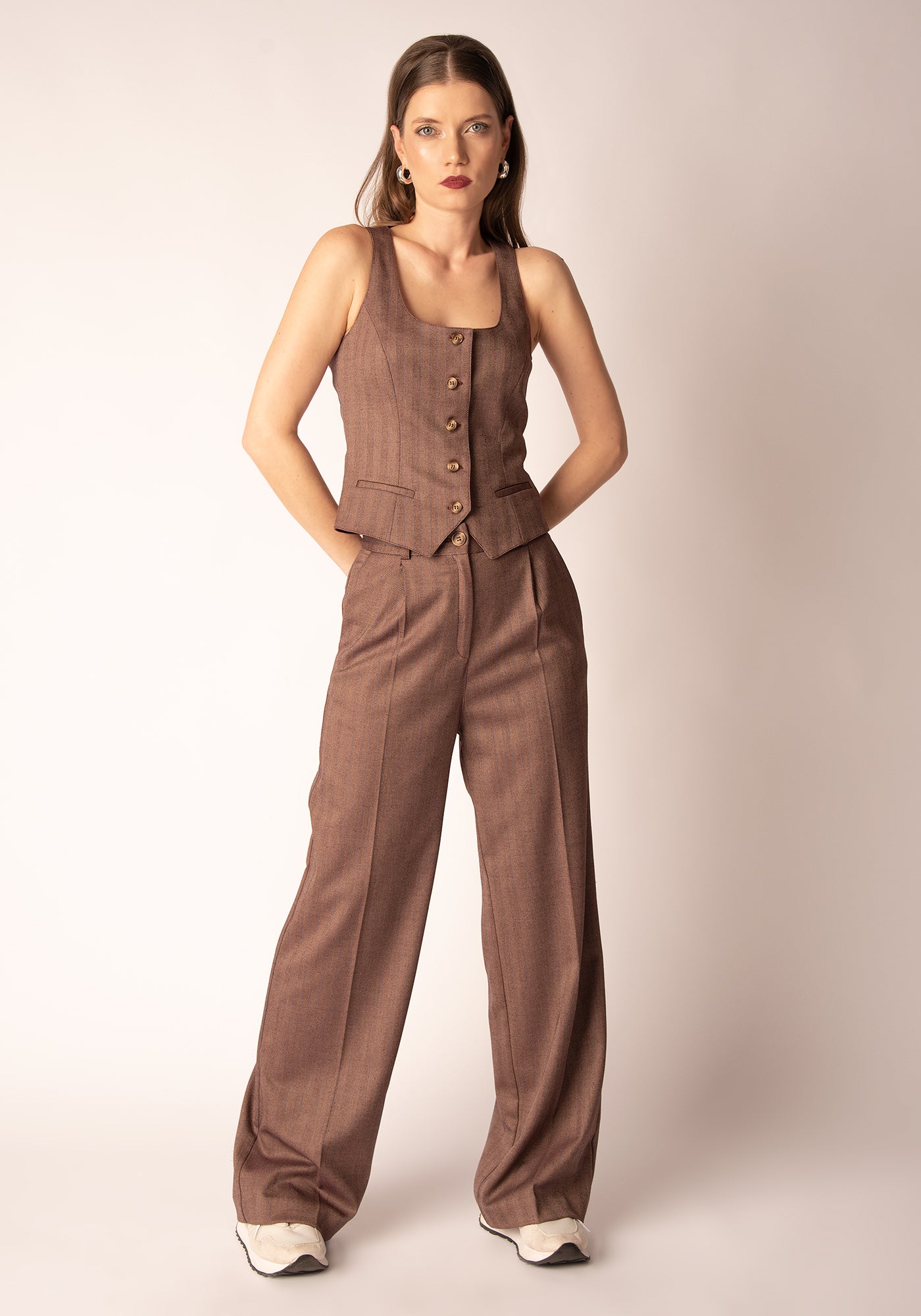 Women's Wide Leg Trousers in Wine Herringbone