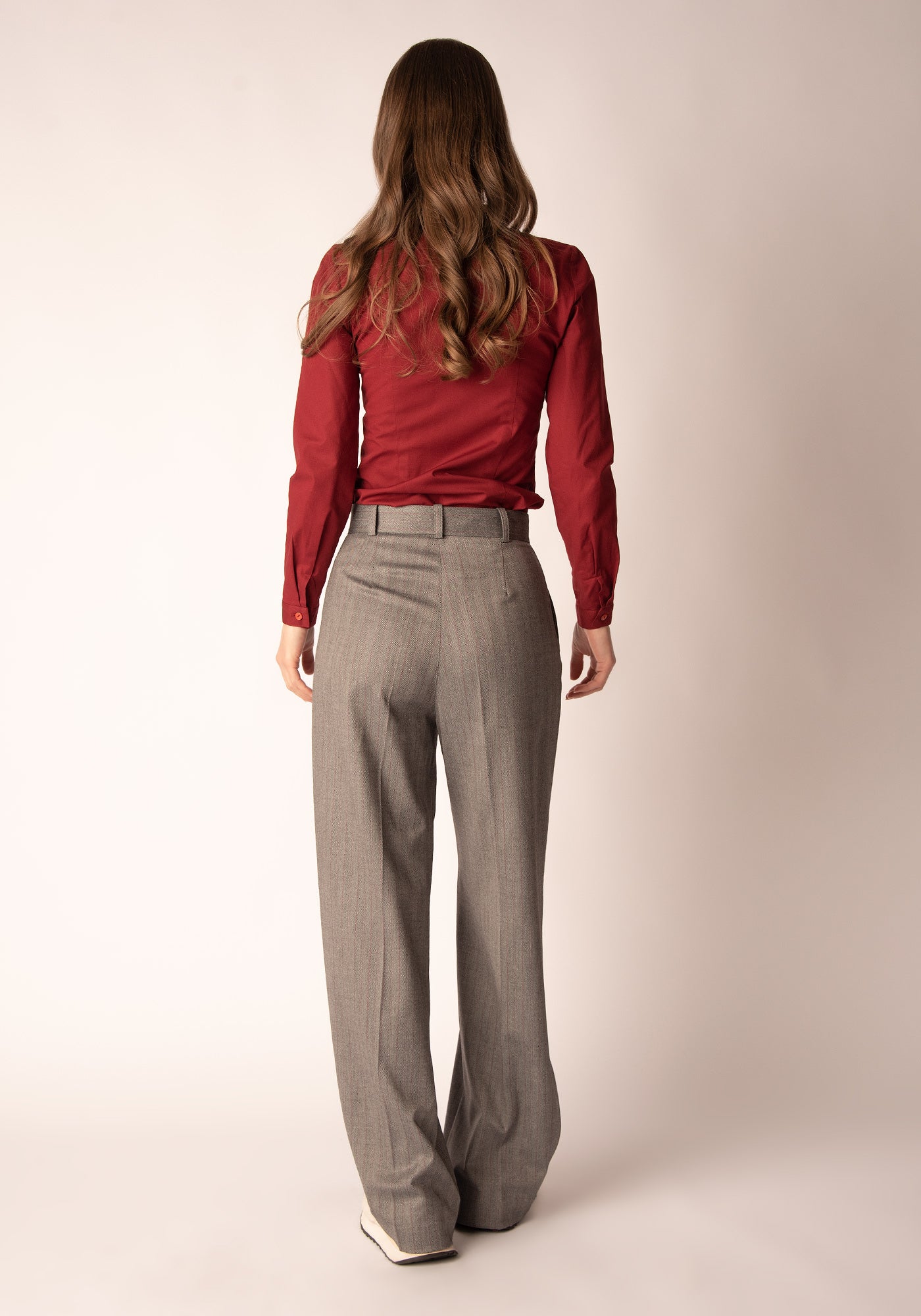 Women's Wide Leg Trousers in Grey Herringbone