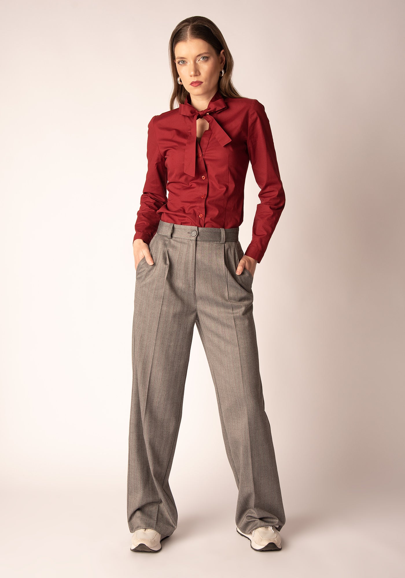 Women's Wide Leg Trousers in Grey Herringbone