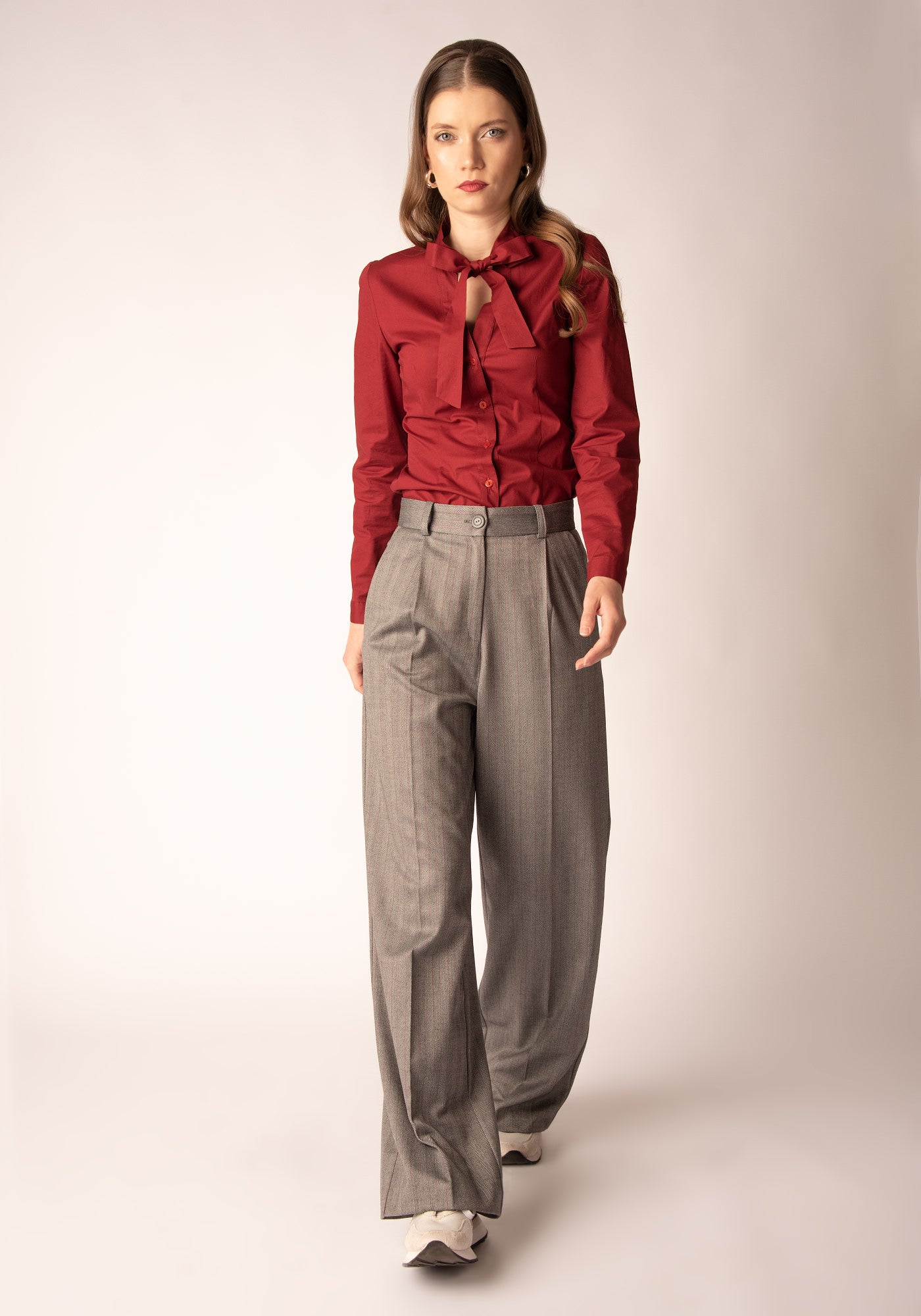 Women's Wide Leg Trousers in Grey Herringbone