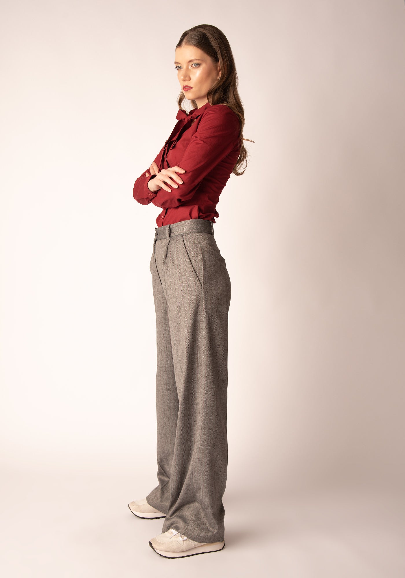 Women's Wide Leg Trousers in Grey Herringbone