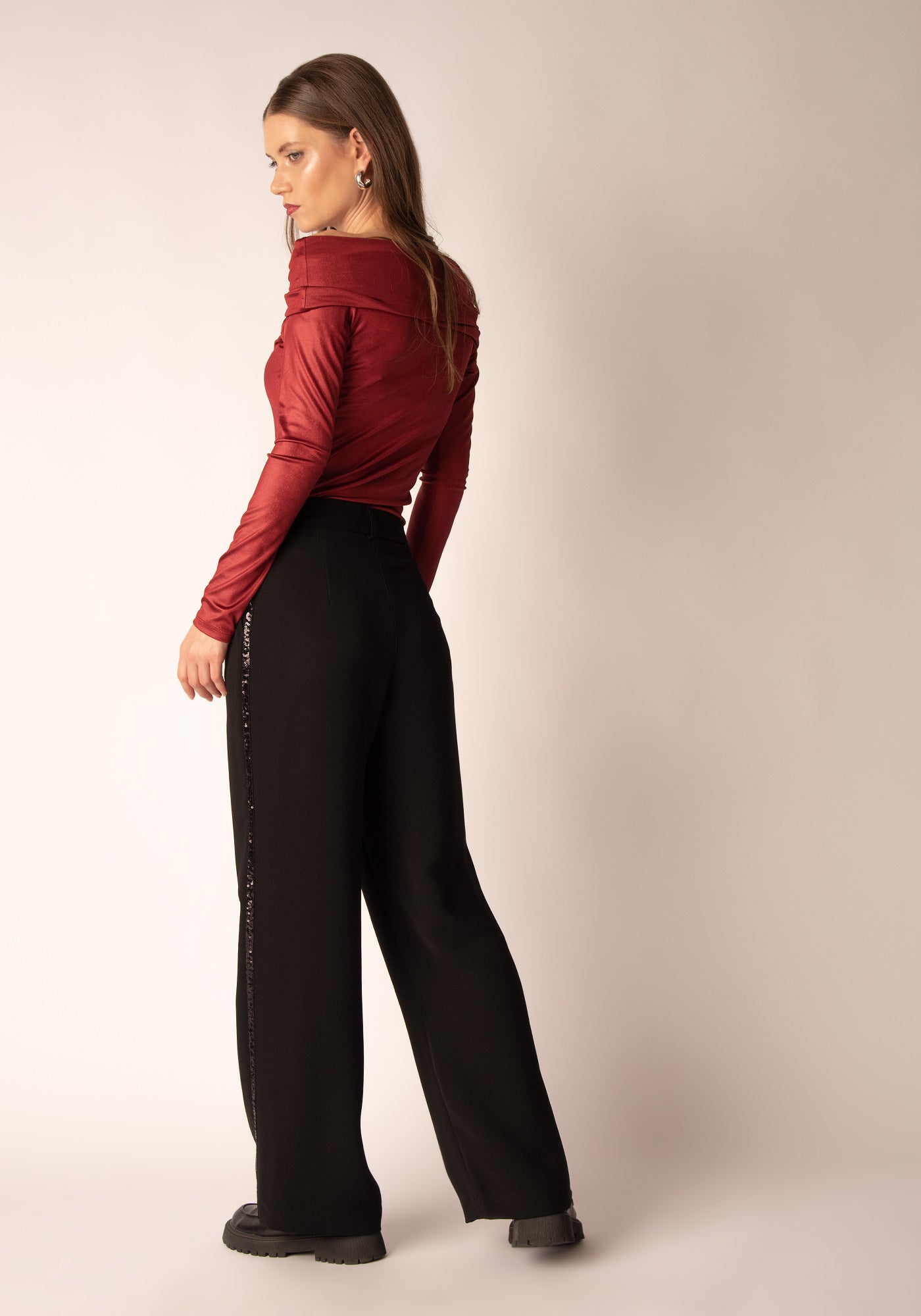 Sequin Panel Straight Leg Trousers in Black 