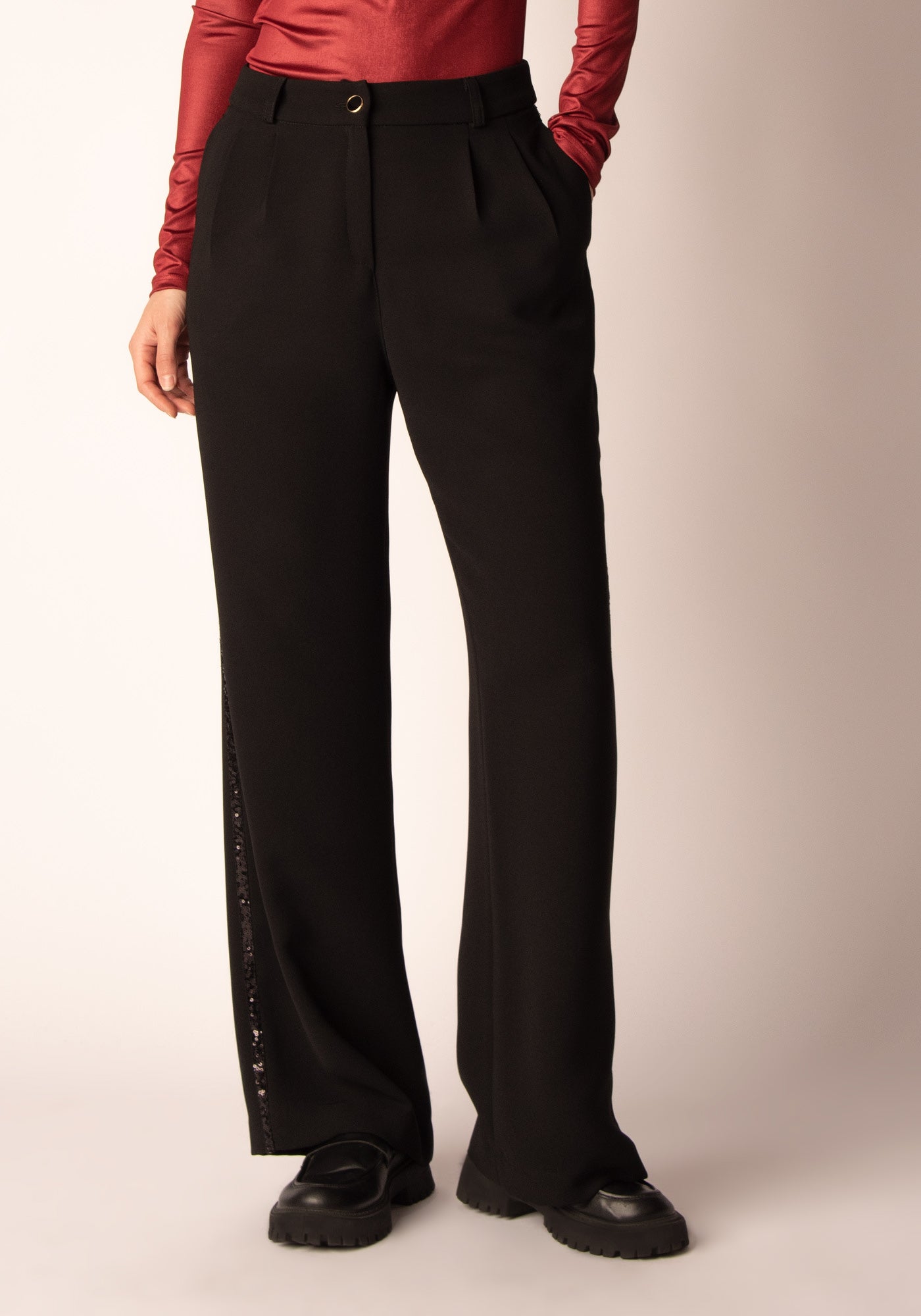 Sequin Panel Straight Leg Trousers in Black 