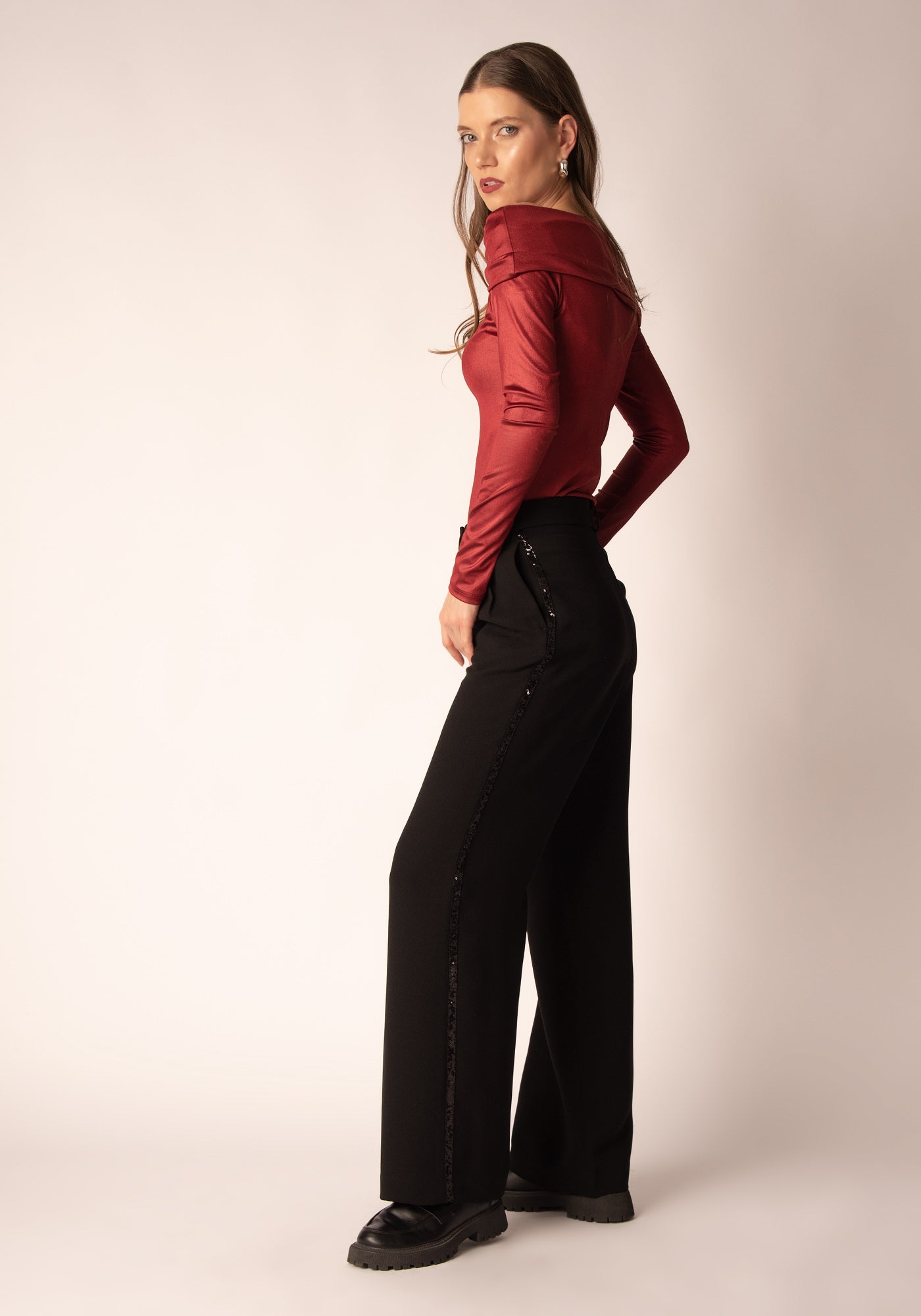 Sequin Panel Straight Leg Trousers in Black 