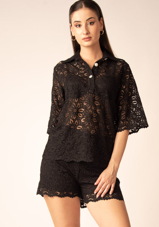 Women's Collared Lace Blouse in Black