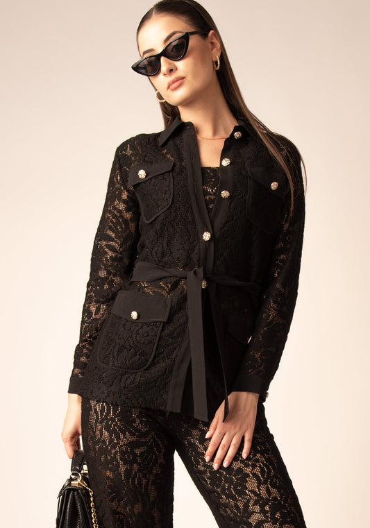 Women's Belted Lace Jacket in Black