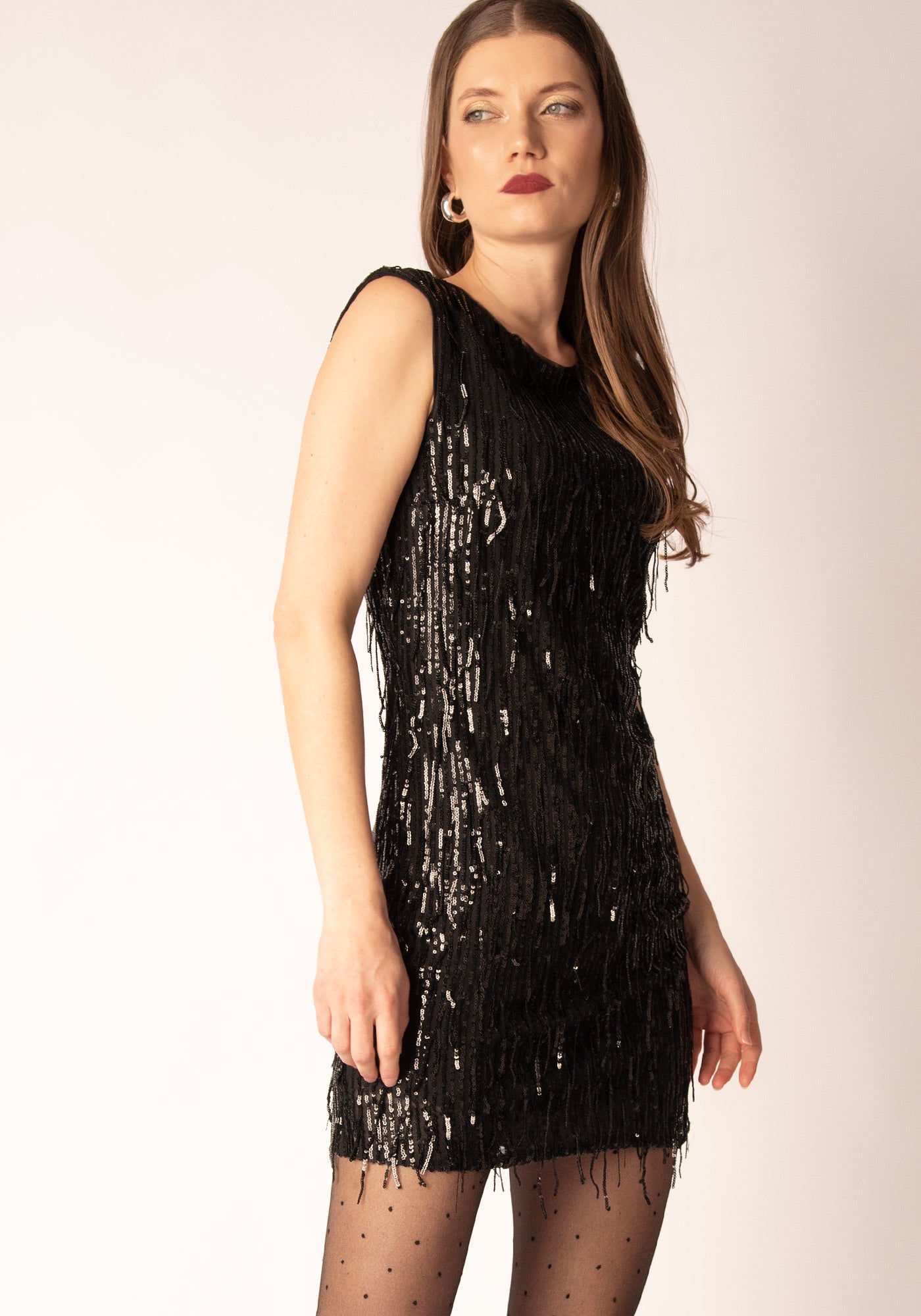 Sequin Fringe Shift Dress in Black