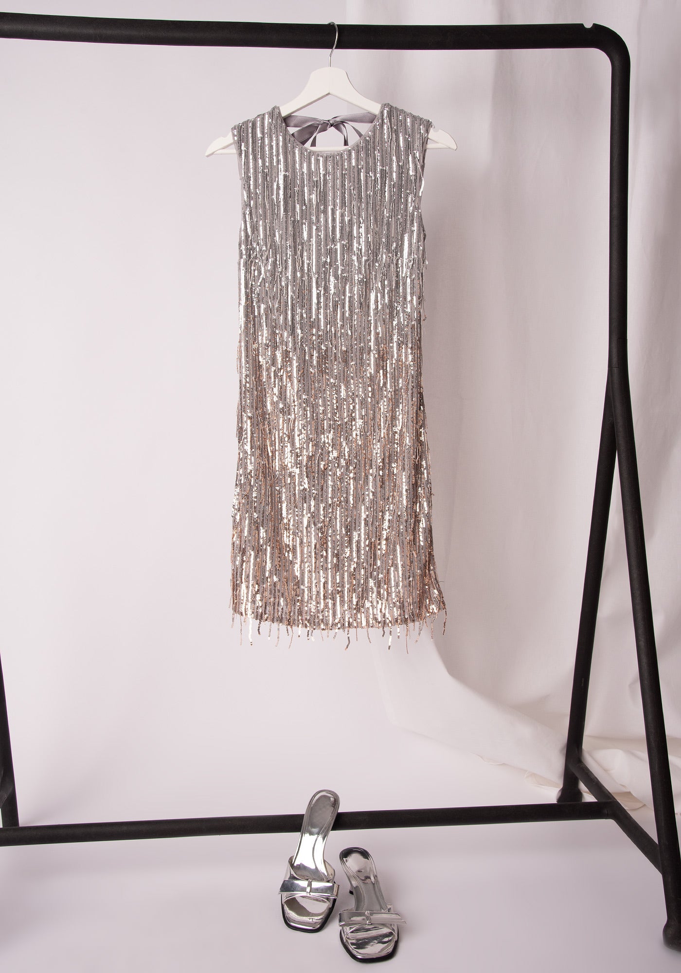 Sequin Fringe Shift Dress in Silver