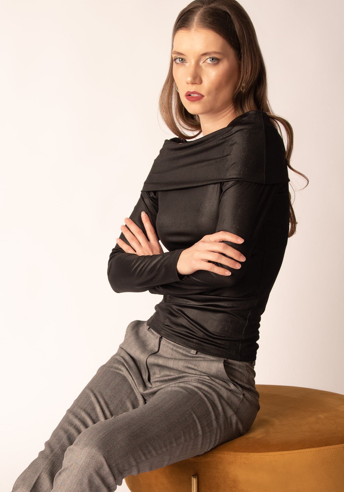 Women's Shawl Collar Jersey Top in Black