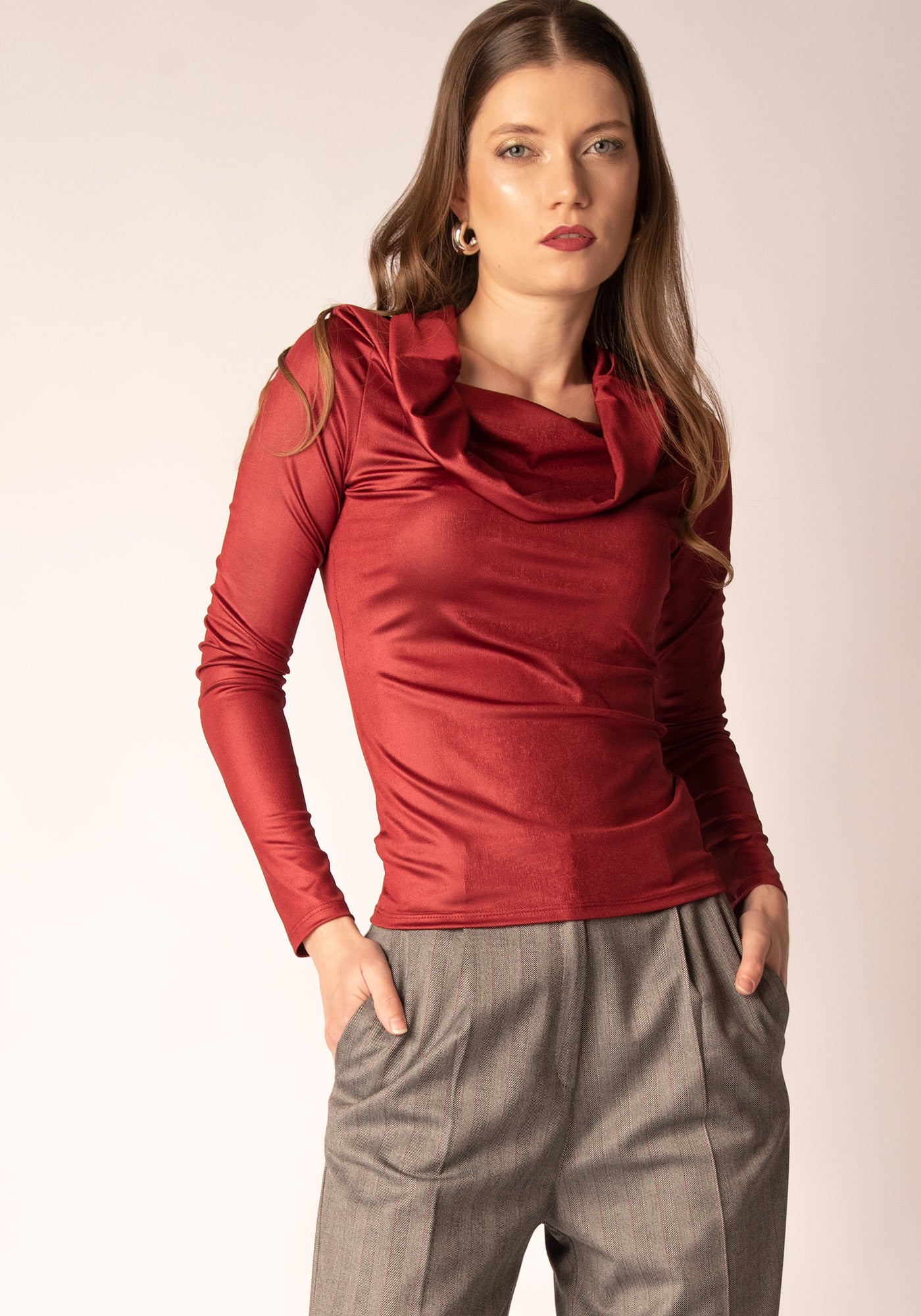 Women's Shawl Collar Jersey Top in Red