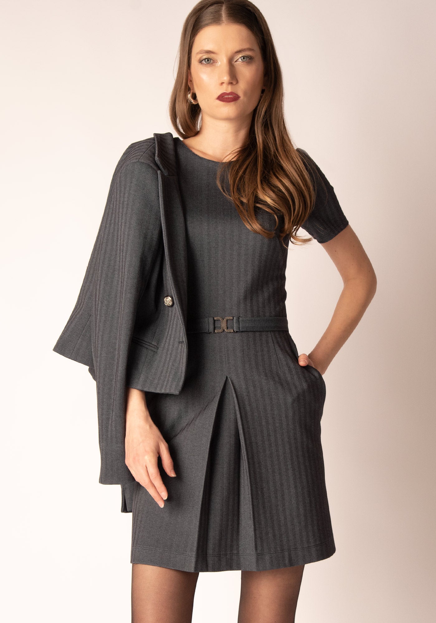 Belted Mini Dress in Grey Herringbone