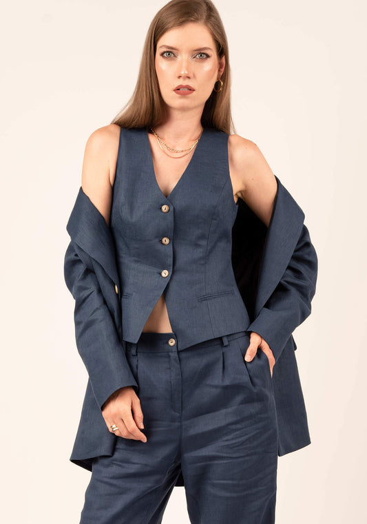 Single breasted Tailored Women's Linen Vest in Navy